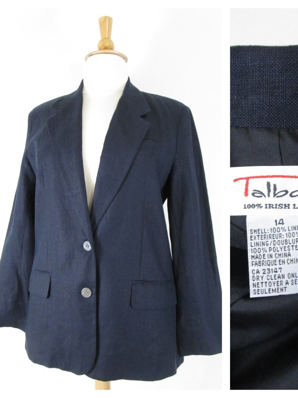 Vintage Talbots Plus Size Navy Irish Linen Blazer Jacket 14 Formal Business